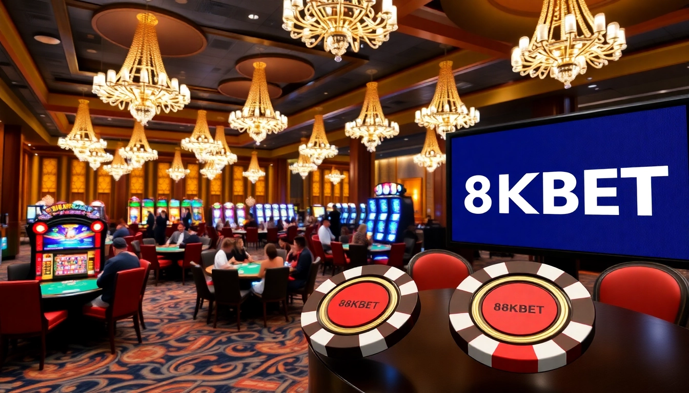 Experience the excitement of 8KBET at a luxurious casino with vibrant gaming tables.