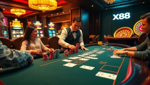 Exciting baccarat gameplay at XX88 casino featuring vibrant cards and eager players.
