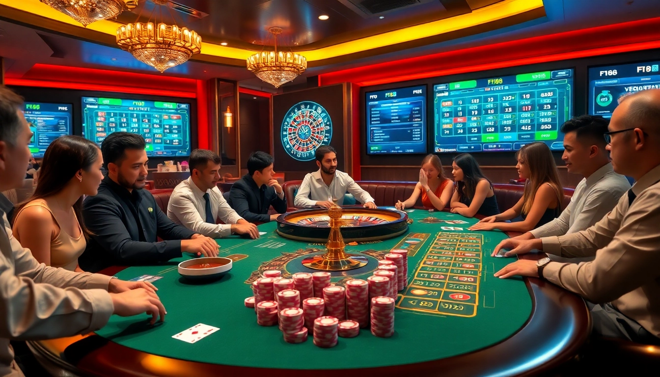 F168 players engaging in an exciting poker game at a lavish casino table, showcasing thrilling gambling moments.