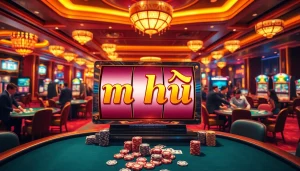 Nổ hũ slot machine in a vibrant casino setting with players and gaming tables.