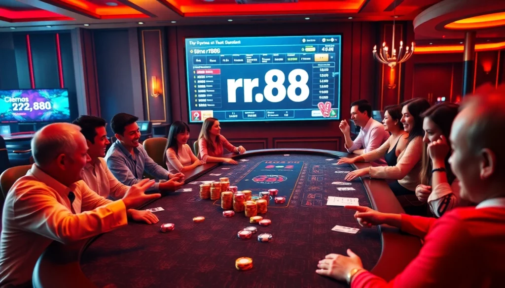 Experience the thrill of rr88 gaming with engaging players at a vibrant casino table.