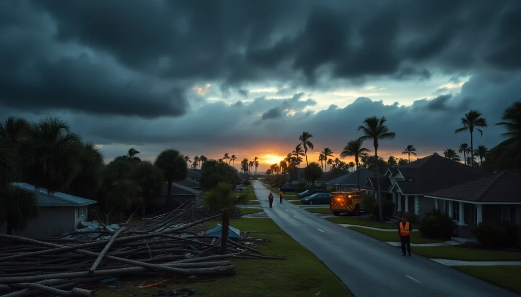 Assessing Florida Hurricane Damage with emergency responders amid storm debris and disrupted homes.