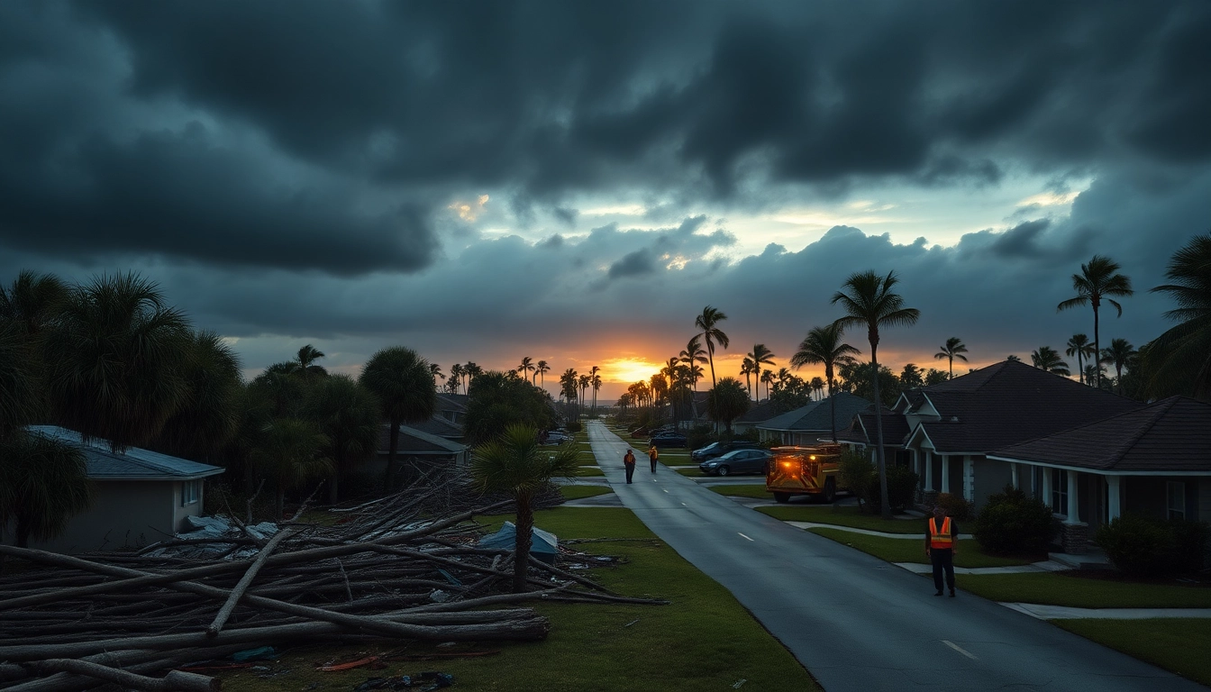 Assessing Florida Hurricane Damage with emergency responders amid storm debris and disrupted homes.