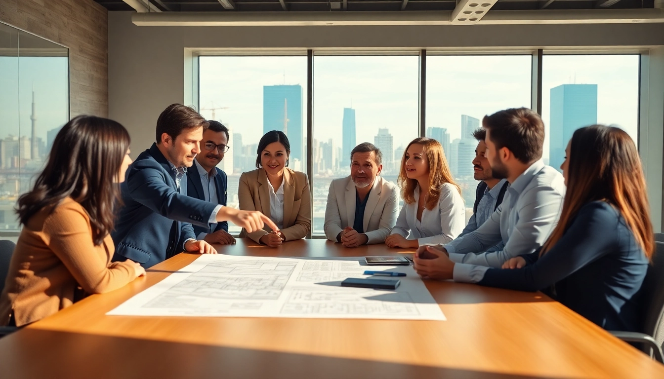 Engaged professionals discussing construction advocacy carolinas in a bright conference room.
