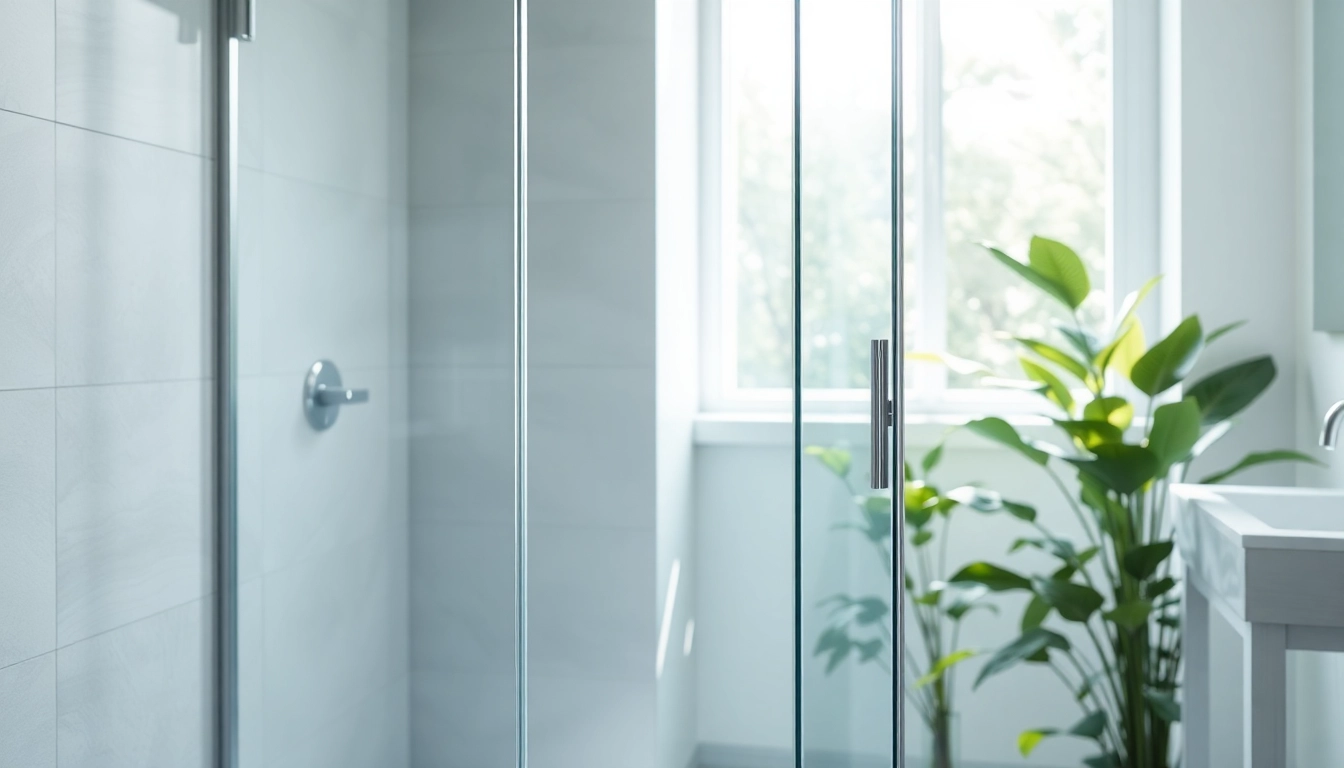 Stylish shower screen door in a bright modern bathroom setting.