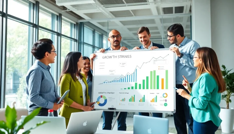 Analyze growth strategy trends with a focused business team at a modern office meeting.