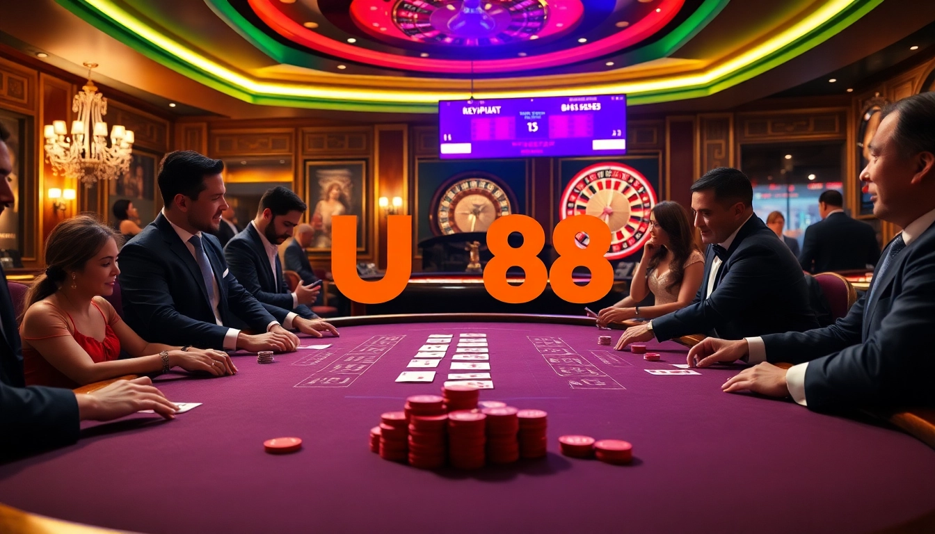 Gamblers at the U88 casino poker table experience intense excitement with cards and chips.