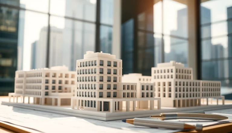 Die architekturmodellbau Mönchengladbach zeigt detaillierte Gebäude in einem urbanen Umfeld.