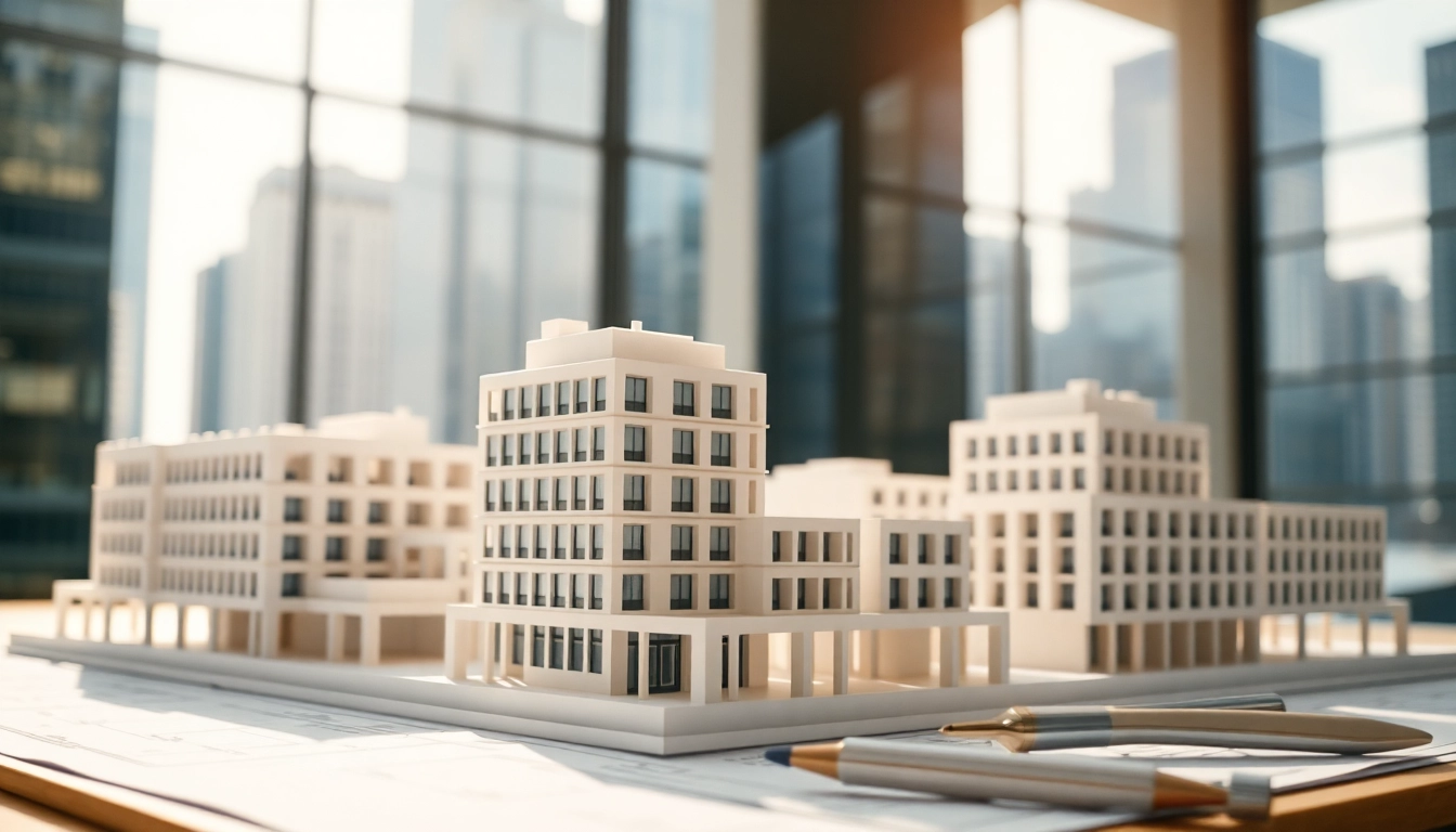 Die architekturmodellbau Mönchengladbach zeigt detaillierte Gebäude in einem urbanen Umfeld.