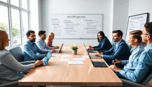 Engaged team strategically plans to find 1099 sales reps in a modern office.