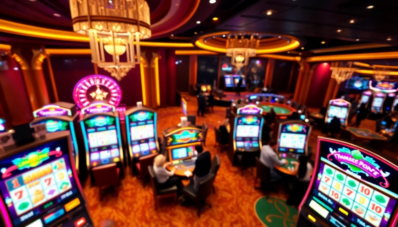 Pemain menikmati sensasi permainan slot deposit pulsa tanpa potongan dalam suasana kasino yang hidup.