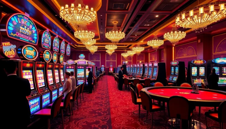 Engaged players trying their luck on nổ hũ slot machines in a luxurious casino