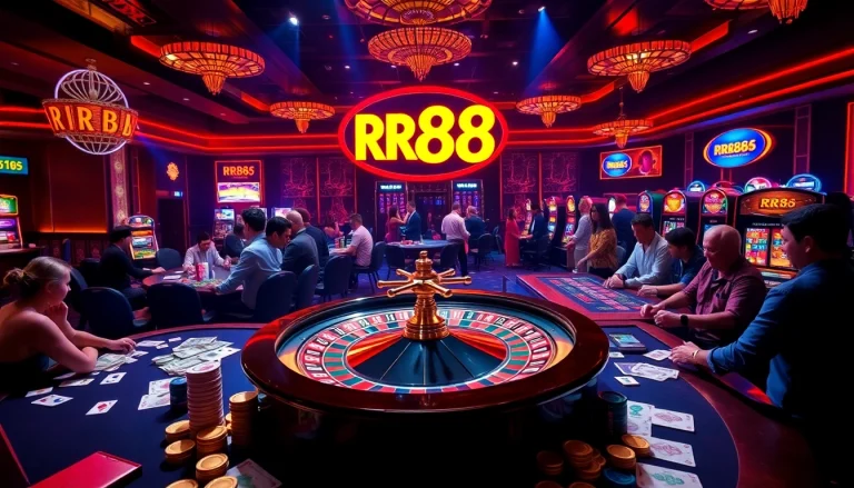 Experience the excitement of RR88 with dynamic casino scenes highlighting poker, roulette, and slot games.