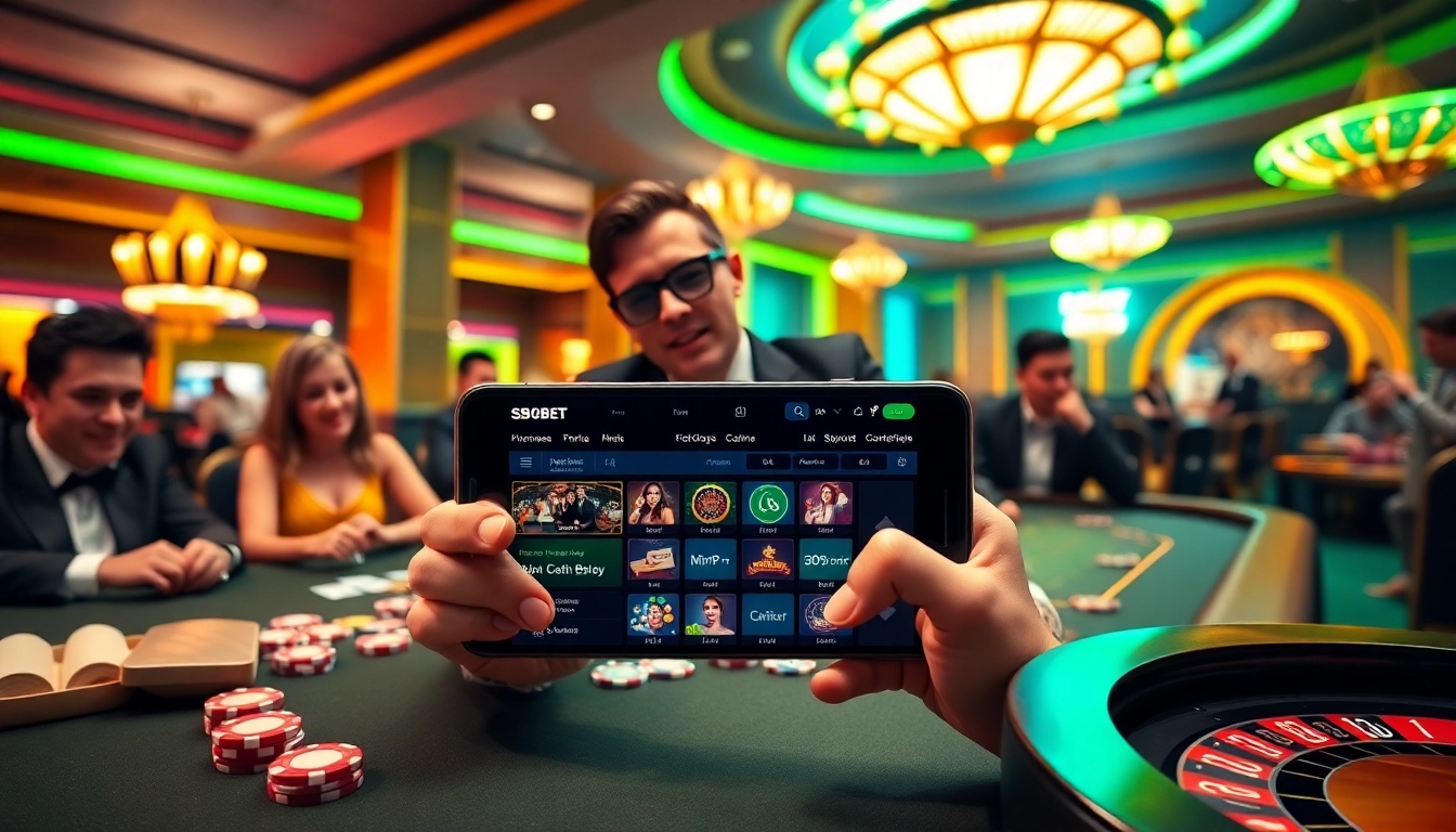 SBOBET login interface on a luxury casino smartphone at a vibrant gaming table.