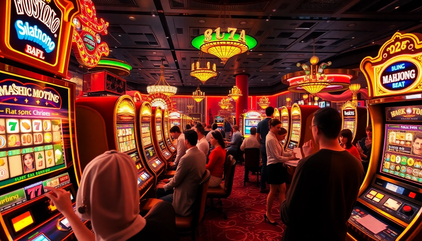 Engaging gamblers enjoying a slot demo mahjong at vibrant casino, capturing excitement of gameplay.