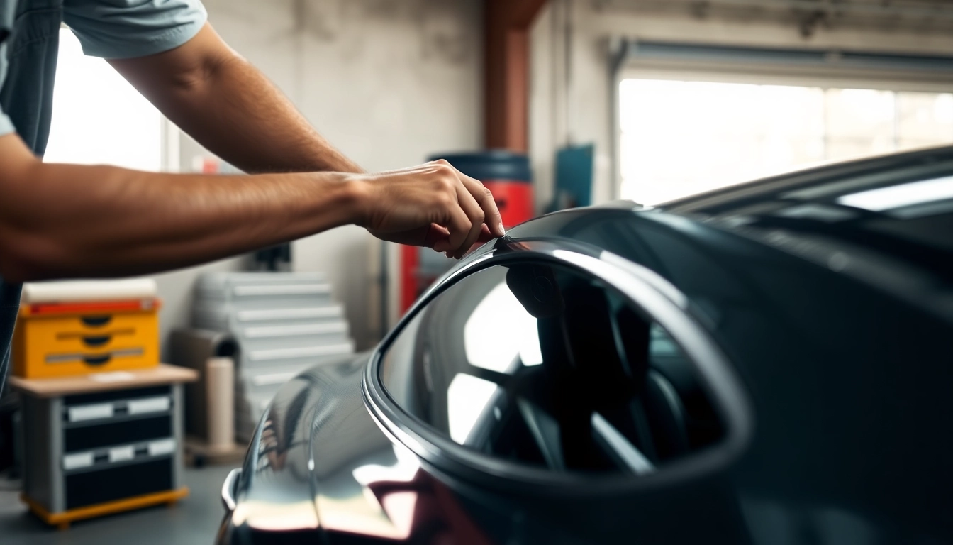 Get exceptional auto window tint near me with a professional applying tint film to a vehicle.