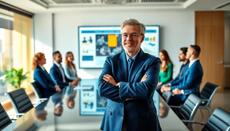 Engaging business coaching service session with dynamic coach and diverse clients collaborating.