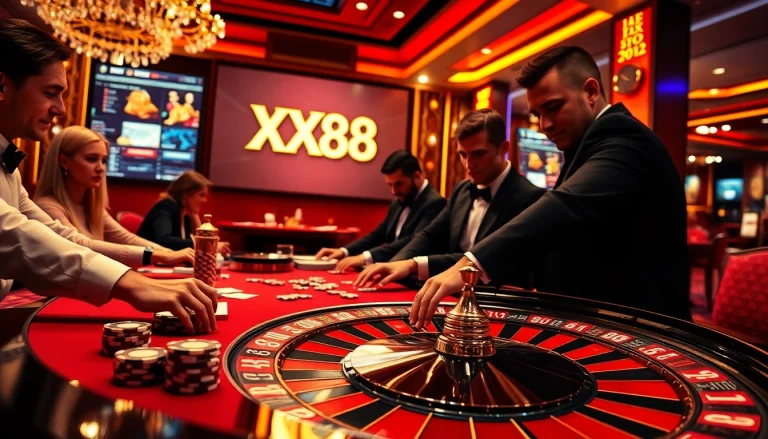 Experience the thrill of gaming with XX88 at vibrant casino tables, showcasing high-stakes poker and roulette.