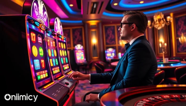 Exciting online gambling experience at an onicplay slot machine in a luxurious casino setting.