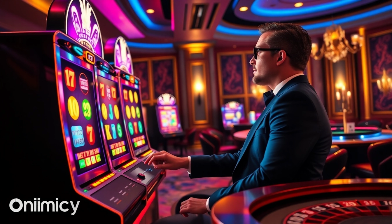 Exciting online gambling experience at an onicplay slot machine in a luxurious casino setting.