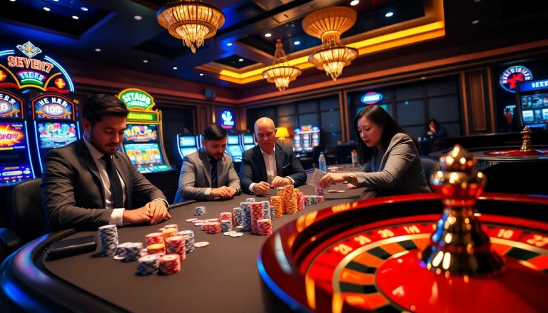 Engaging poker action scene at situs seven77 with colorful chips and professional atmosphere.