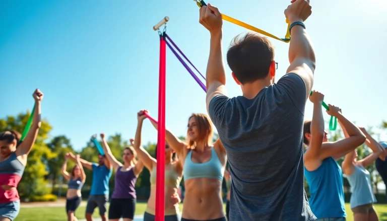 Active individuals using resistance bands for pull-ups in an outdoor fitness scene, showcasing strength and teamwork.