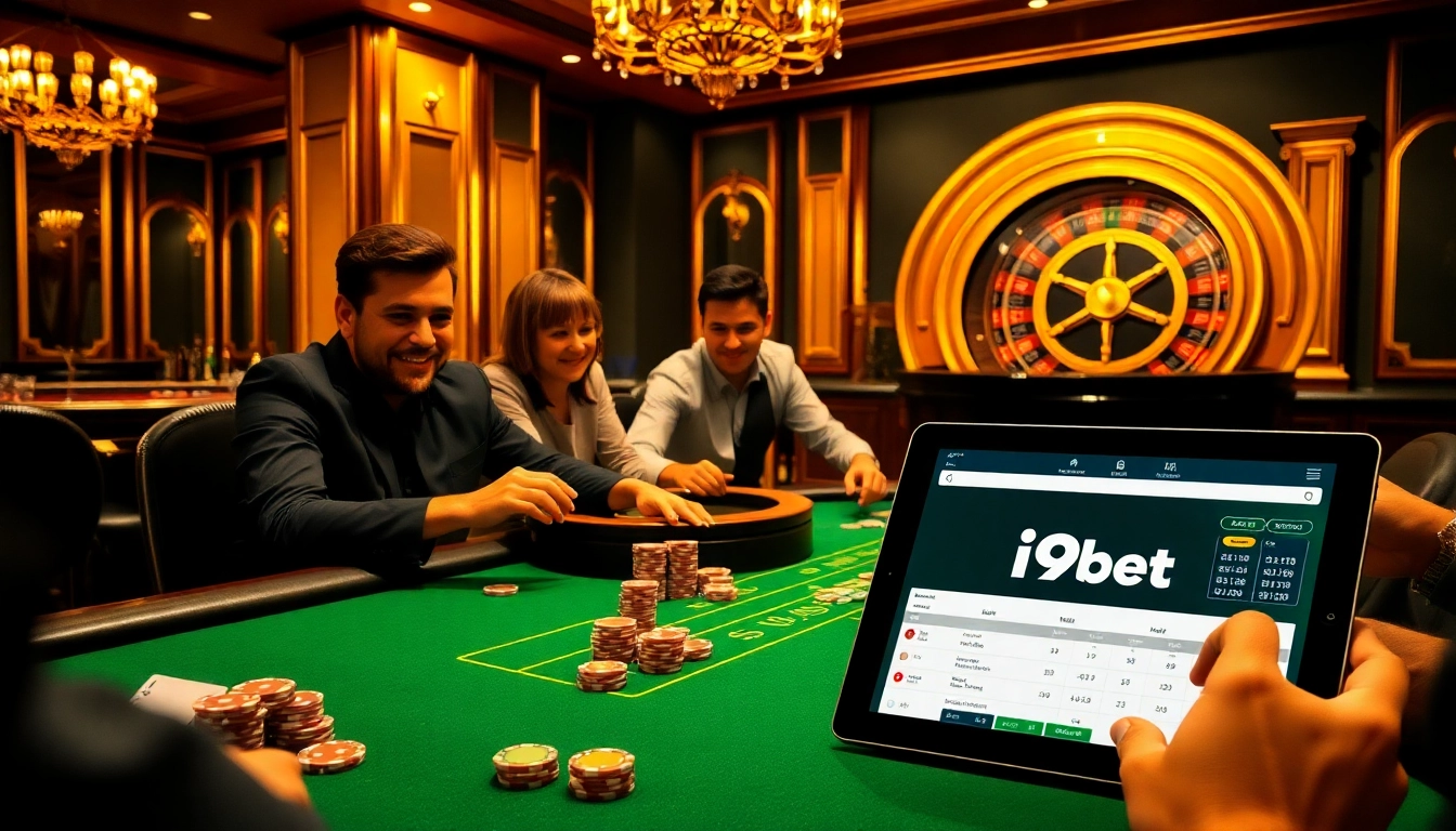 Engage in thrilling poker at i9bet's luxurious casino table with vibrant atmosphere.
