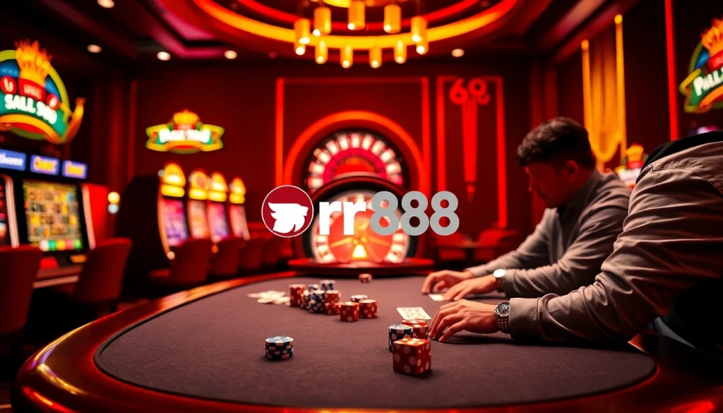 Engaged players at a casino table with visuals of https://rr88.navy/ and vibrant slot machines.