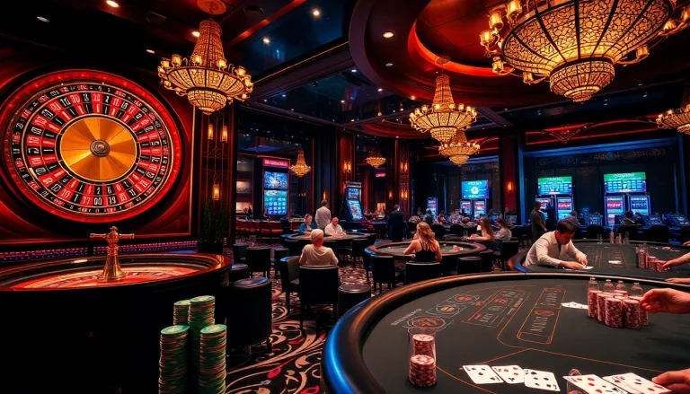 Engaging casino scene showcasing the excitement of gambling at hay.win with roulette and blackjack tables.