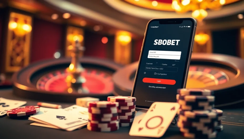 SBOBET login interface displayed on a luxurious smartphone surrounded by poker chips and betting slips, creating an enticing casino atmosphere.