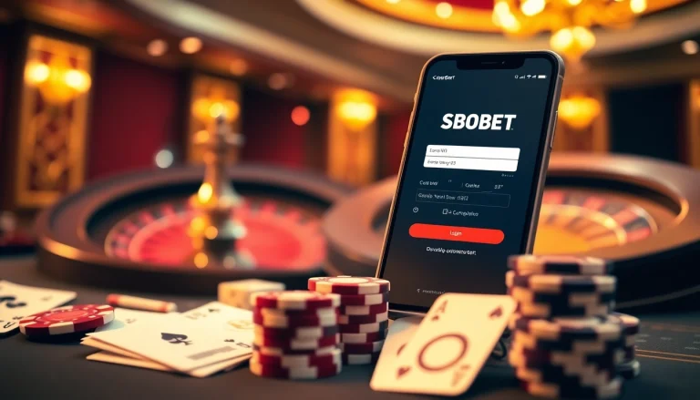 SBOBET login interface displayed on a luxurious smartphone surrounded by poker chips and betting slips, creating an enticing casino atmosphere.