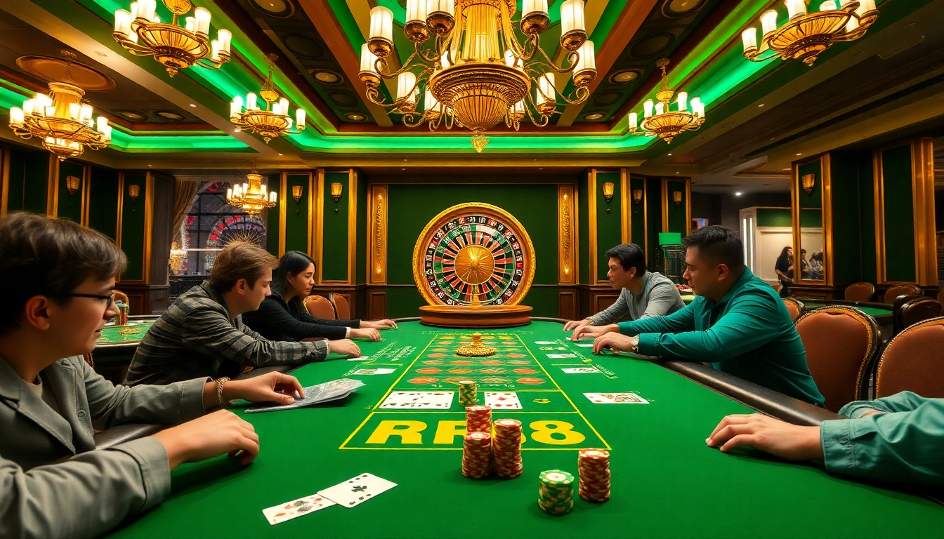 RR88 players enjoying intense poker and blackjack action at a luxurious casino table.