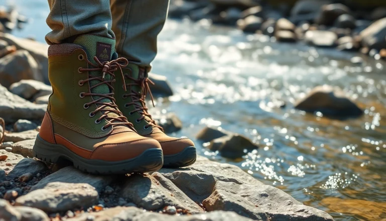 Rugged fly fishing boots on a rocky riverbank, showcasing traction and durability.