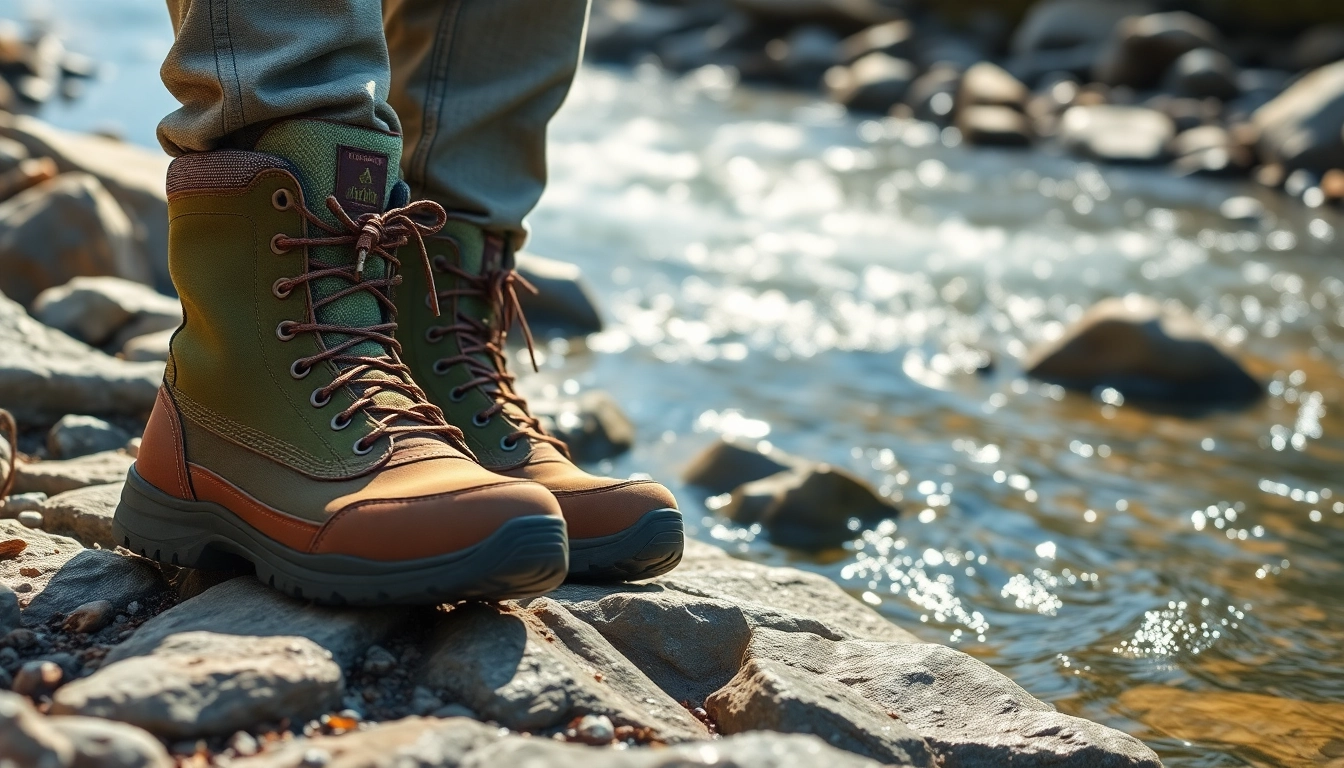 Rugged fly fishing boots on a rocky riverbank, showcasing traction and durability.