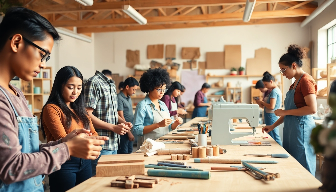 Students engaging in craft training programs within a bright workshop environment.