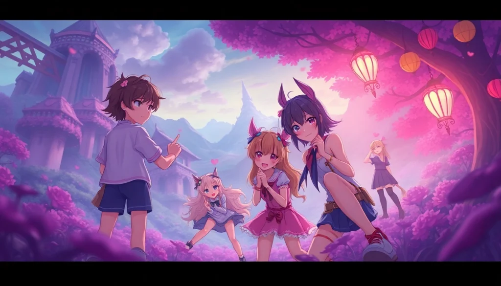 Vibrant scene from a hentai game featuring animated characters in a fantasy landscape.
