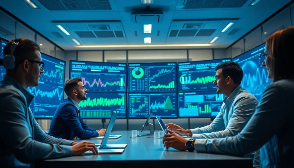 Team of security experts utilizing cybersecurity AI technology in a modern office.