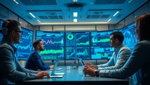 Team of security experts utilizing cybersecurity AI technology in a modern office.