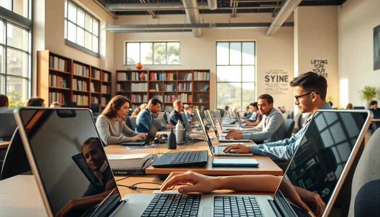 Engage with our dynamic typing center filled with professionals collaborating in a bright space.