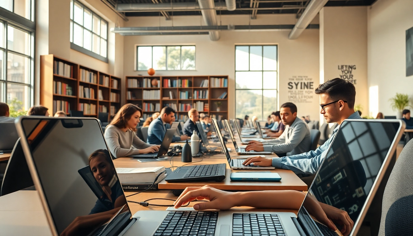 Engage with our dynamic typing center filled with professionals collaborating in a bright space.