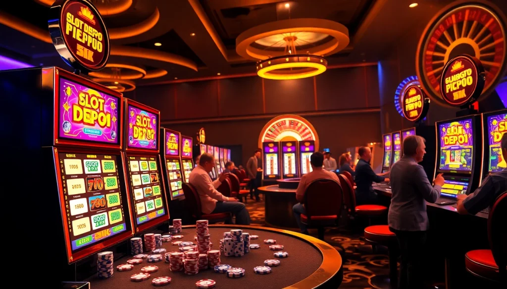 Pemain menang besar di mesin Slot Depo 1K dalam suasana kasino yang hidup.