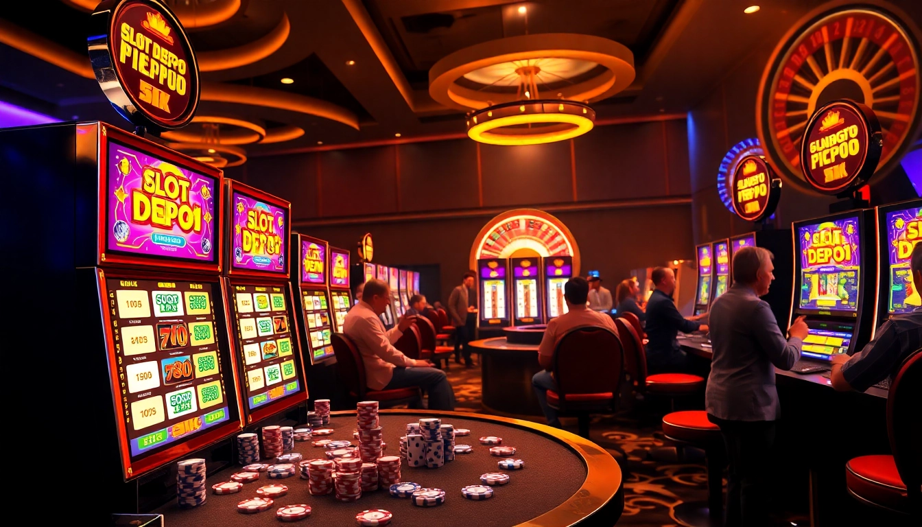 Pemain menang besar di mesin Slot Depo 1K dalam suasana kasino yang hidup.