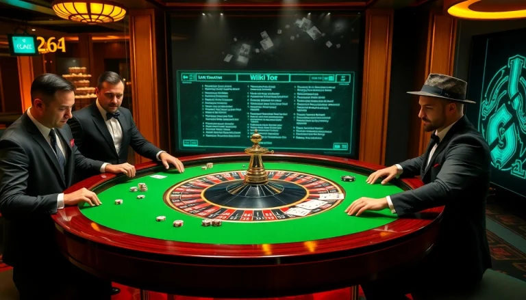 Engaged gamblers at a roulette table, exploring hidden wiki tor links on digital screens.
