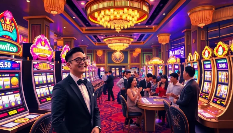 A lively casino scene showcasing nổ hũ slot machines with players celebrating wins.