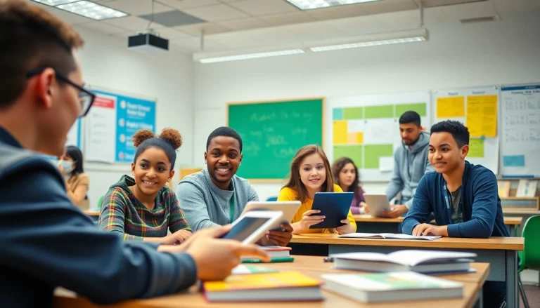Education equity in a modern classroom with diverse students collaborating and using technology.