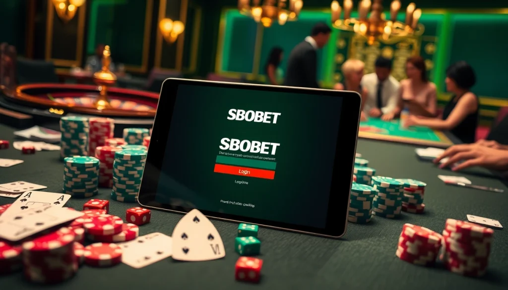 SBOBET login interface displayed with poker chips and playing cards on a luxury casino table.