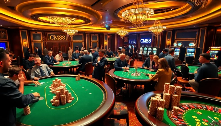 Exciting casino atmosphere with poker tables and roulette wheel in a luxury setting featuring link CM88 elements.