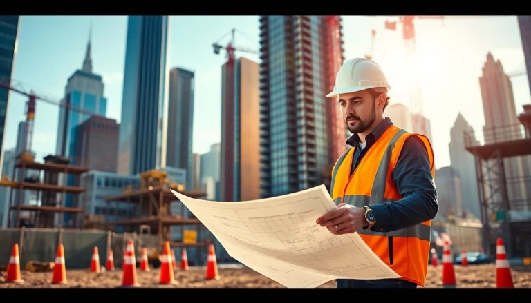 New York City Construction Manager reviewing plans at a bustling construction site.