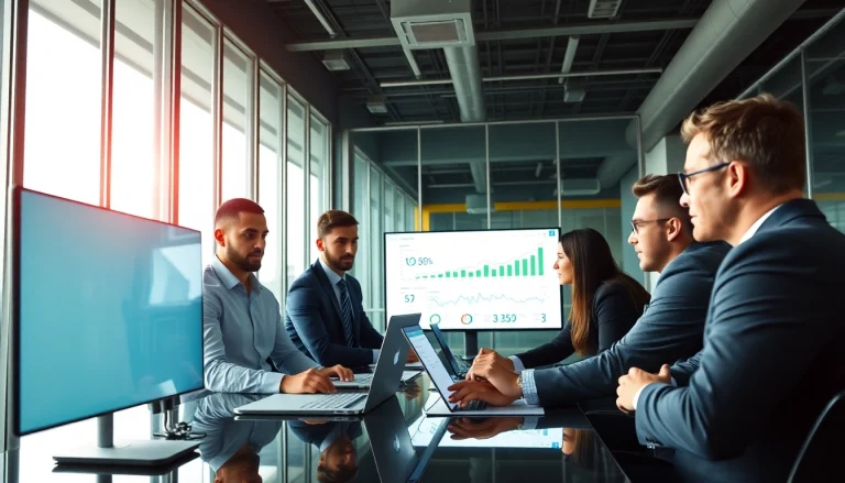 Analyze Competitive intelligence data during a professional team meeting in a modern office.