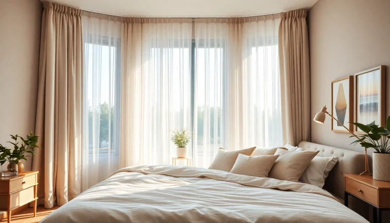 Verduisterende gordijnen in een stijlvolle slaapkamer creëren een serene sfeer.